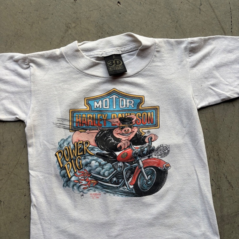 Vintage 1990 Harley Davidson Power Pig 3D Emblem Sturgis Kids T-Shirt S